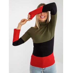 Fashionhunters Khaki-červená dámská základní proužkovaná roláková halenka.Velikost: JEDNA VELIKOST