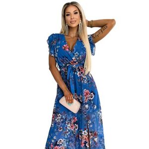 Numoco Dlouhé šaty s výstřihem a krátkými rukávy ARIA - modré s květinami Velikost: UNI, Modrá, Univerzální