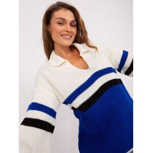 Fashionhunters Ecru-kobaltový oversize svetr s límečkem.Velikost: ONE SIZE, JEDNA, VELIKOST