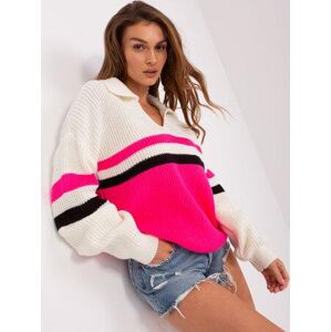 Fashionhunters Ecru-fluo růžový oversize svetr s límečkem.Velikost: ONE SIZE, JEDNA, VELIKOST
