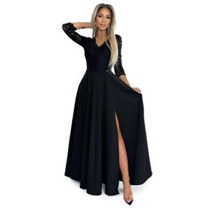 Numoco AMBER elegantní krajkové dlouhé šaty s výstřihem a rozparkem na nohavicích - černé Velikost: XL, Černá